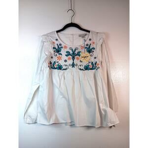 Hayden Laura Blue Floral Embroidered Smocked Ruffle Top Womens Small New w Tags